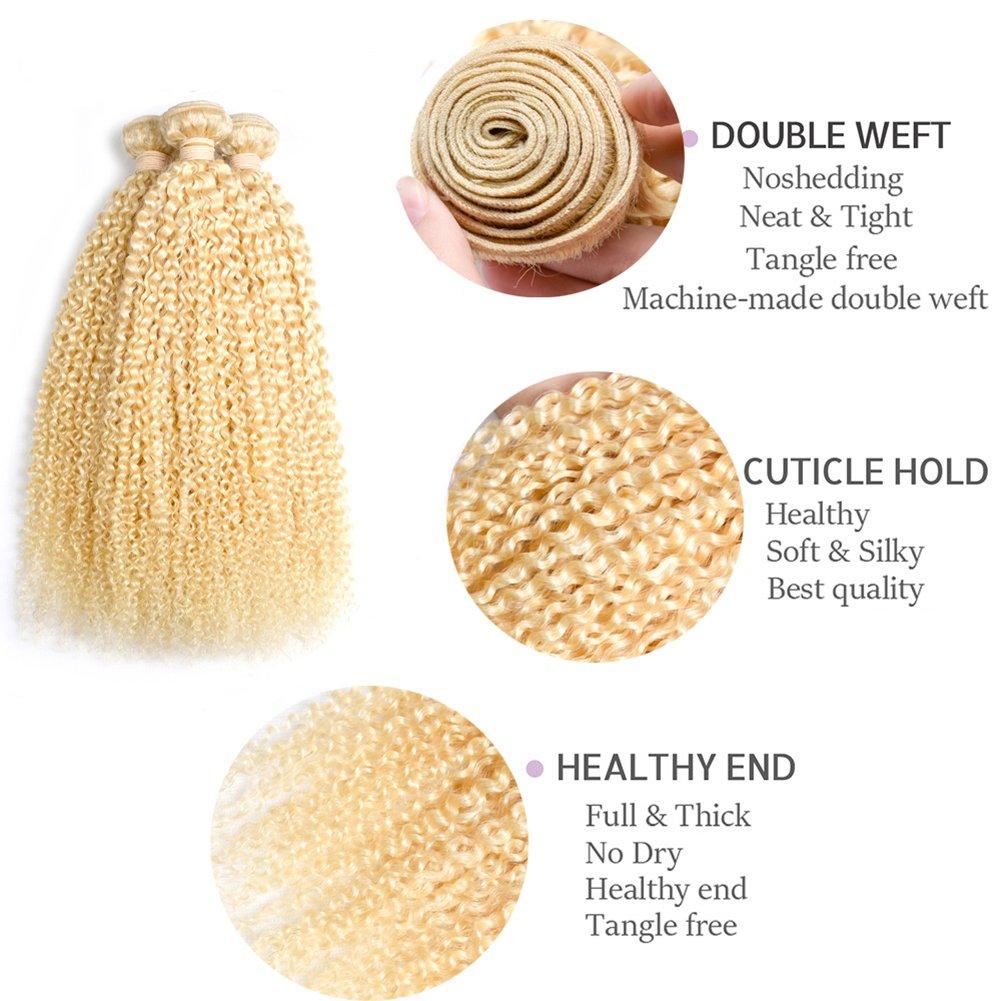 HC HC Hair Peruvian Kinky Curly 613 Blonde 3 Bundles with Lace Closure Honey Blonde Curly Blonde Human Hair Weave (20 20 20 with 18 inch)