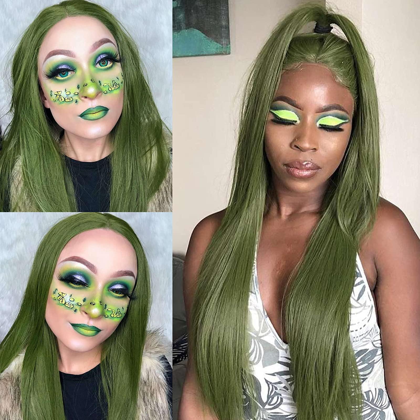 karissa Hair Green Wig Long Lace Front Wig for Women Olive Green Synthetic Wig Realistic Looking Handmade Straight Forest Green Lace Wigs Glueless Synthetic Heat Resistant Fiber Hair Cosplay 24 Inches