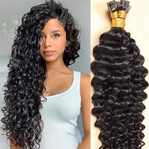 RJ HAIR Malaysian Curly Human Hair Extensions Flat Tip Hair Keratin Hair Extension Pre-bonded Machine Made Capsules Human Hair 100/200 Strands (28inch 200strand, #2 Darkest brown)