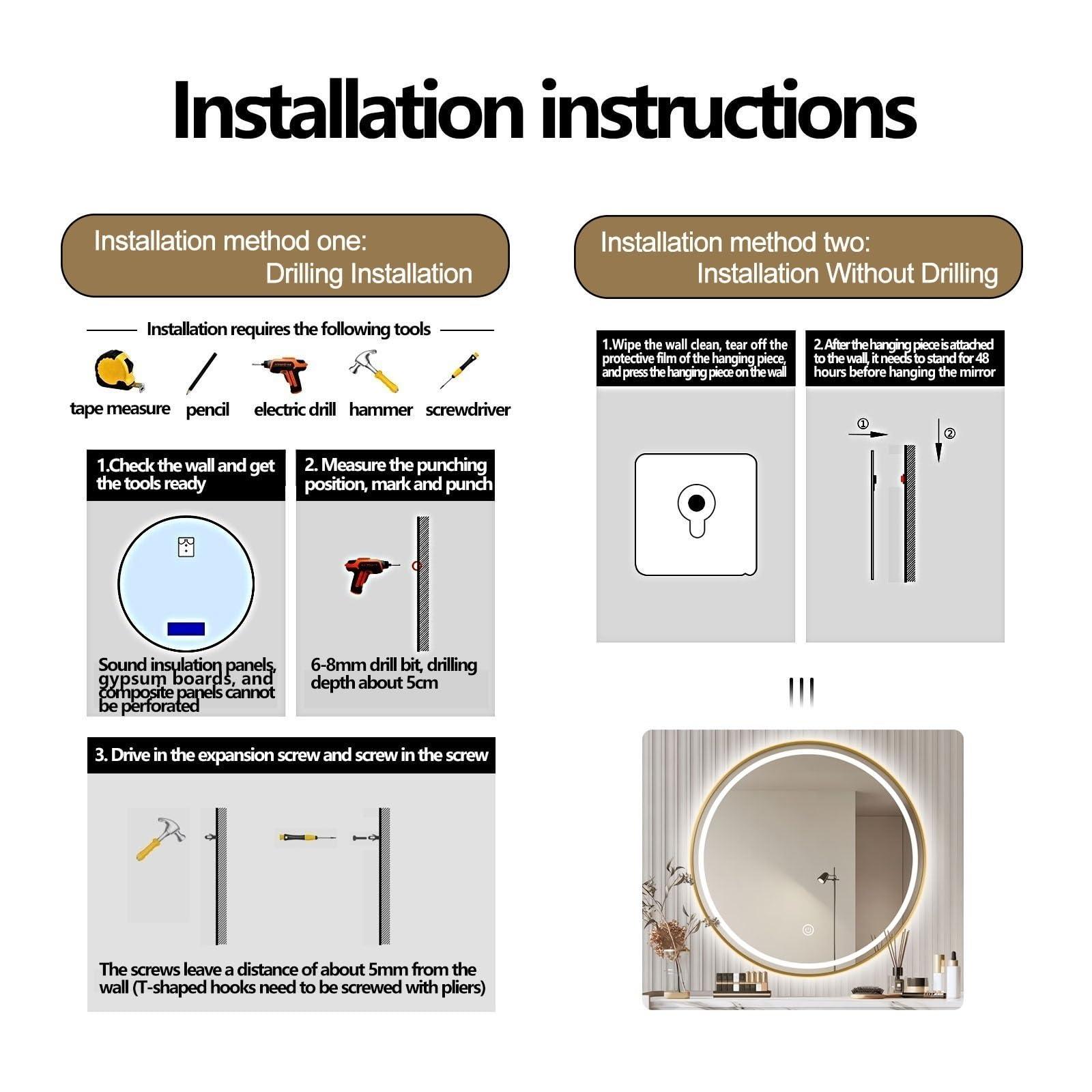 COMPR Mirror with Lights, Led Bathroom Mirror, Led Gold Frame Round Mirror, Wall Mounted Lighted Vanity Mirror, 3 Colors, Memory Function (Color : Gold, Size : 60cm)