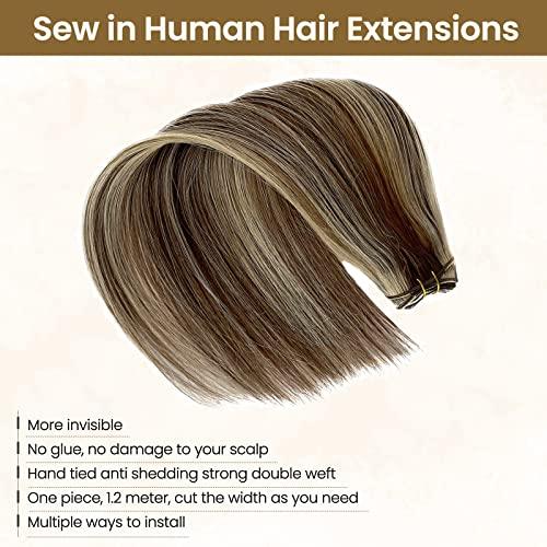 Benafee Sew in Hair Extensions Human Hair 14” Double Weft Sew in Weft Hair Extensions Dark Brown to Bleach Blonde Human Hair Weave Bundles Hand Tied Weft Hair Extensions Human Hair Sew in Hair Extensions