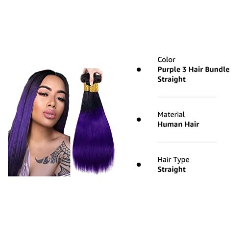 muaowig Purple Human Hair Bundles Ombre Hair Bundles Tow Tone Black to Purple Hair Extensions For Women Brazilian Remy Hair Bundles Purple Bundle 26 28 30 inch