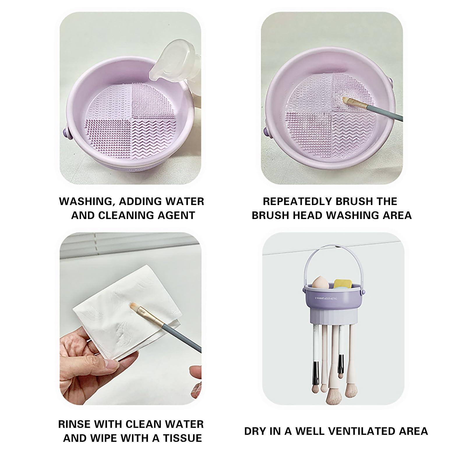 Generic Makeup Brush Cleaner Mat Bowl,3 In 1 Silicone Makeup Brush Cleaning Pad Cosmetic Brushes Portable Cleaning Tool,Detachable Multi-Function,For Brushes,Powder Puffs,Sponges Storage And Air Dry (Purple)