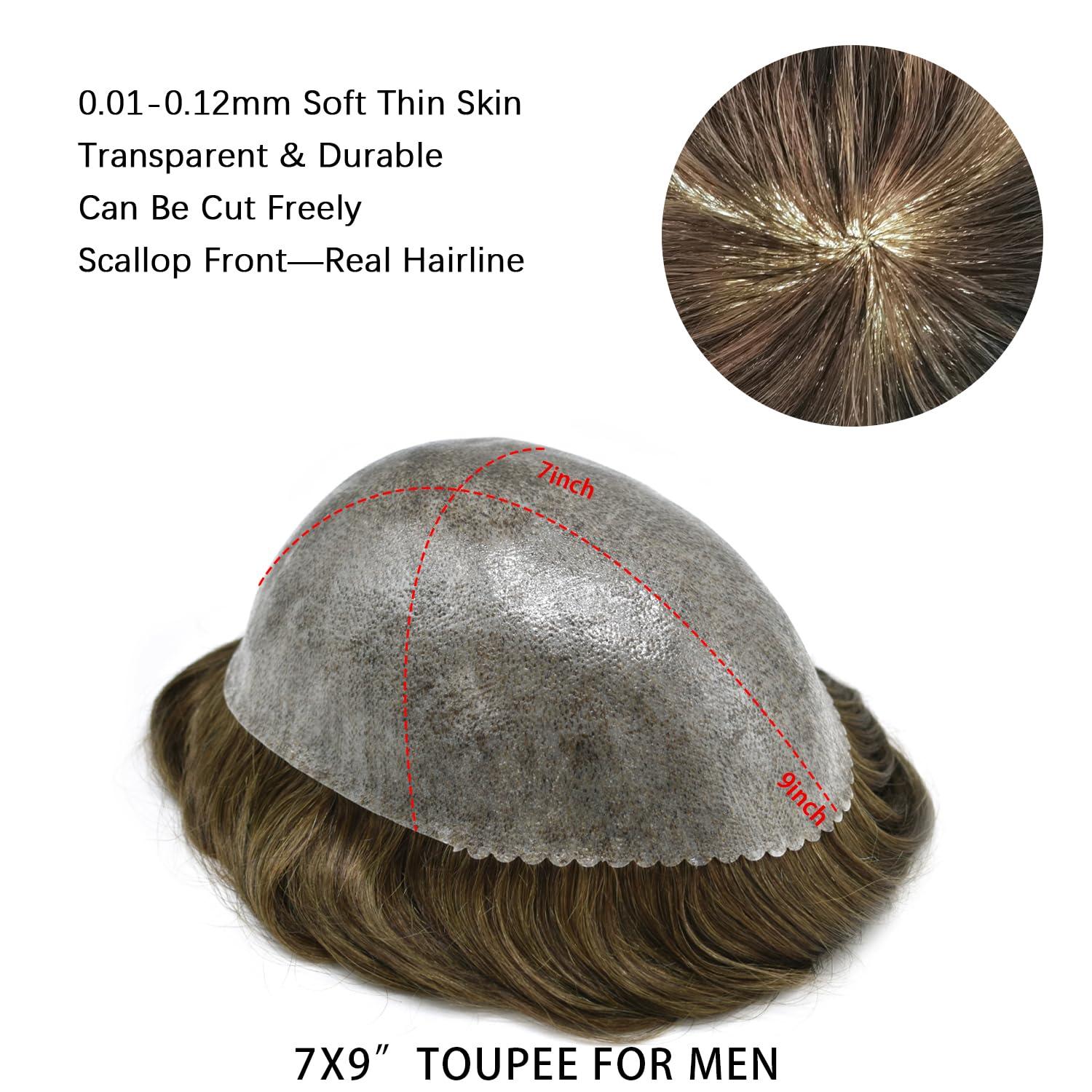 Hair Wonders Toupee for Men Men\'s Toupee Human Hair Replacement System Full Poly Thin Skin Mens Hairpieces Injected PU Mens Toupee Human Hair System Protesis Capilar7x9-120% density#5 Medium Light Brown