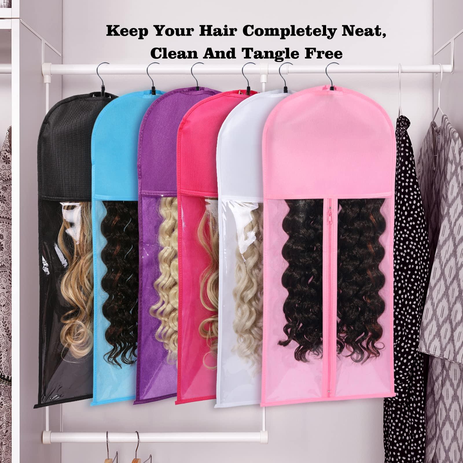 AIHOPESTO 10 PCS Wig Bag Wig Storage for Multiple Wigs Hair Extension Storage Wig Bags Storage with Hanger Anti-slip Hair Extension Holder with Wooden Hanger(5PCS BLACK + 5PCS ROSE)