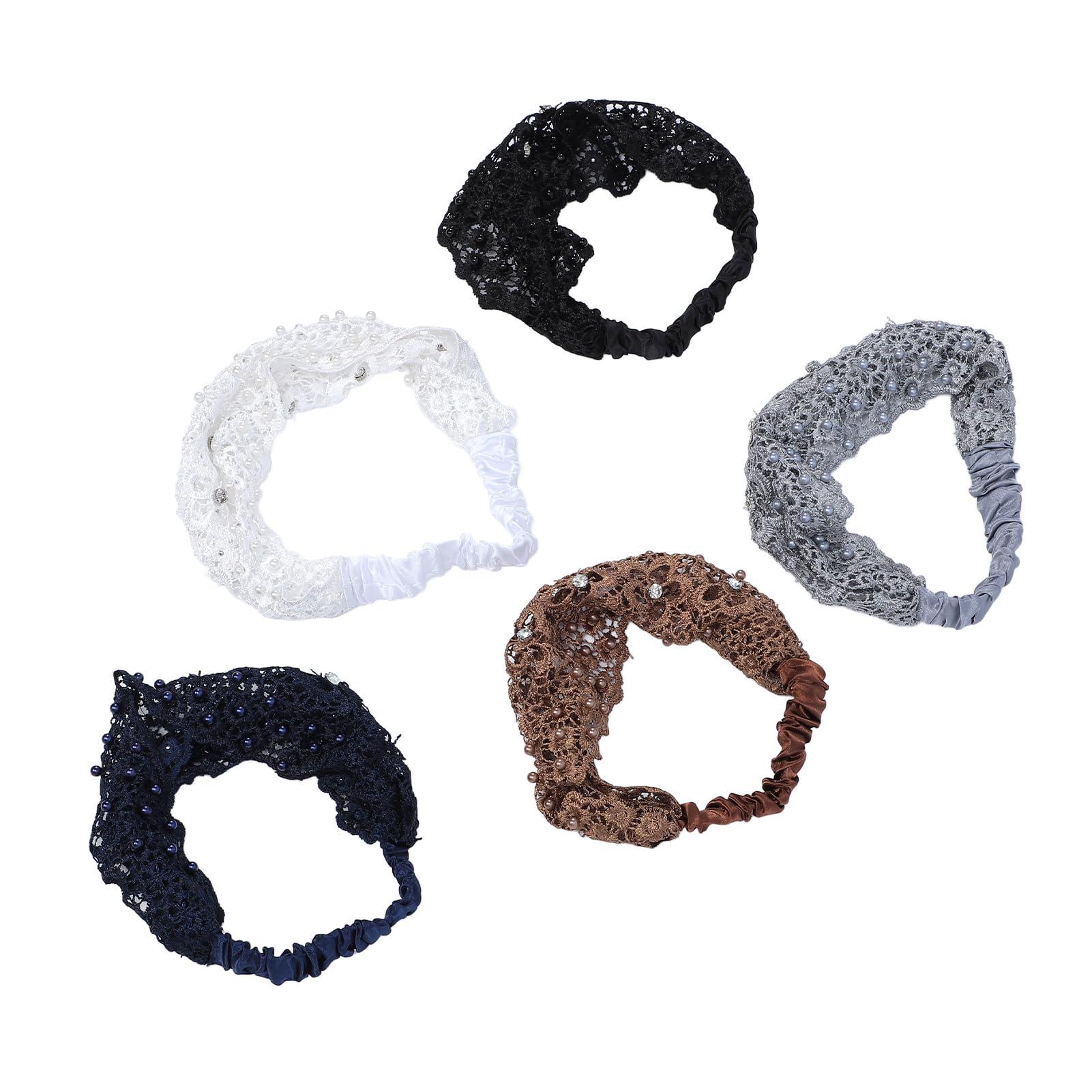 Fabater 5Pcs Elastic Lace Headbands, Fashion Floral Mesh Headband with Pearl Trim for Women for Daily Makeup Chore