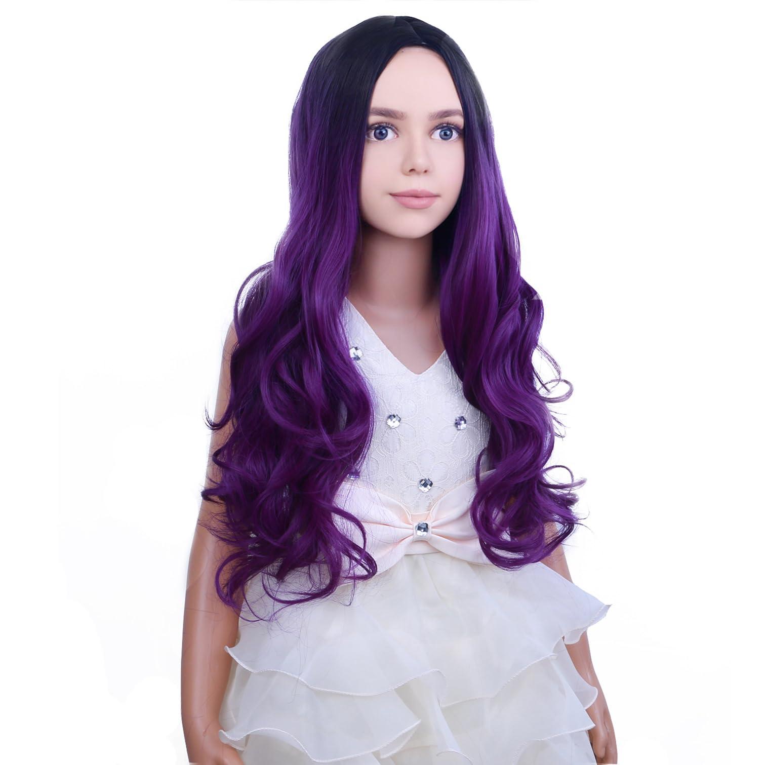 PATTNIUM PATTNIUM Dark Purple Wig Kids Child Wig Long Curly Wavy Wig Ombre Purple Wig Middle Part Girls Wig Black to Purple Wigs Heat Resistant Synthetic Hair Wig with Wig Cap