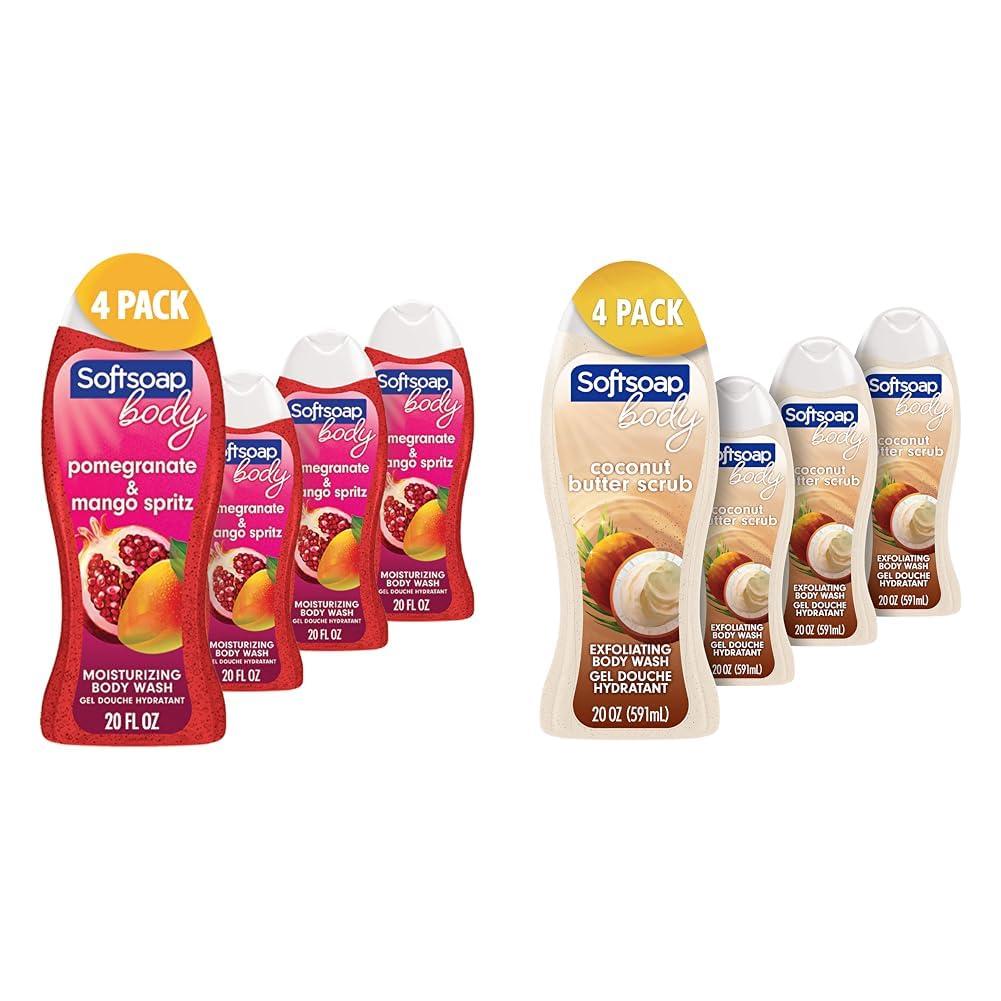 Softsoap Softsoap Body Wash, Pomegranate & Mango Spritz Body Wash, 20 Fl Oz & Body Wash, Coconut Butter Scrub, Exfoliating Body Wash, 20 Ounce, 4 Pack