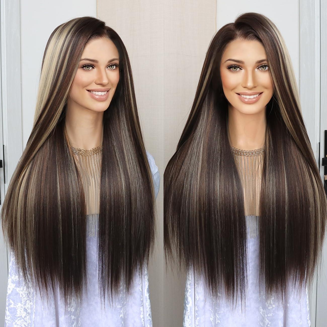 K\'ryssma Kryssma Highlight Blonde Reddish Brown 13x6 Lace Front Wig Pre Plucked Glueless Long Bone Straight Synthetic Lace Front Wigs for Women with 6 Inch Deep Part Mixed Brown 13x6 Wig 24 Inches