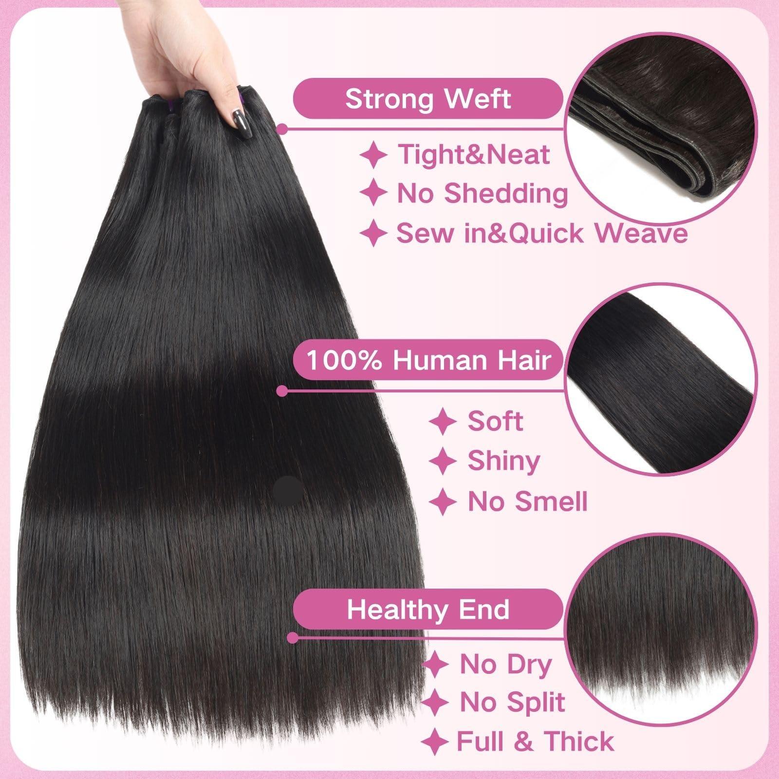 Beauty Queen Beauty Queen Straight 4 Bundles Human Hair 24 26 28 30 Inch 16A 100% Unprocessed Human Hair Bundles Full And Thick Brazilian Virgin Hair Weave Bundles Raw Hair Extensions Natural Black Color