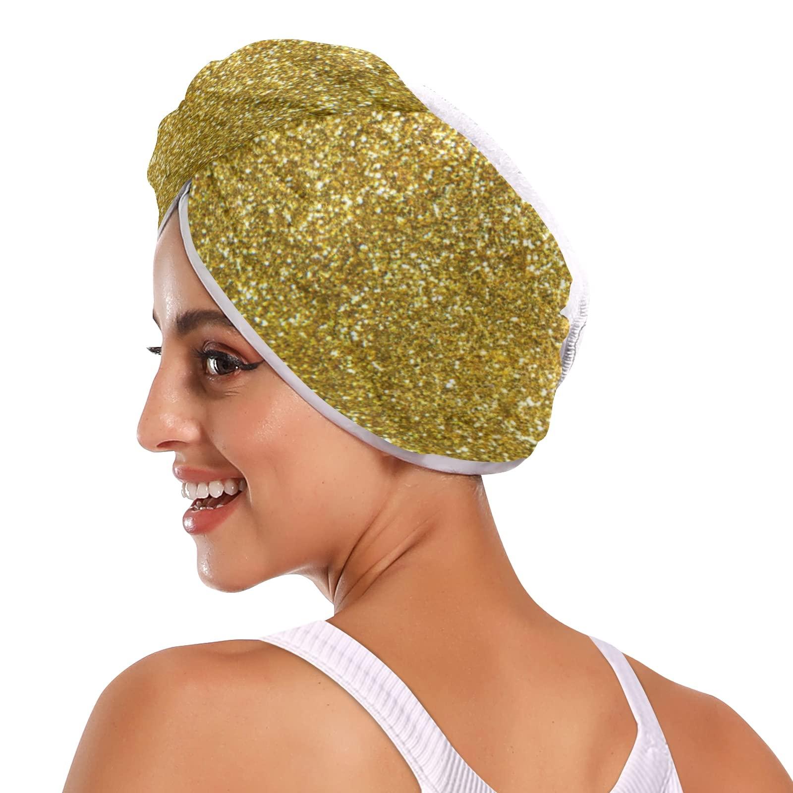 Poeticcity Golden Shiny Gold Glittering Background Yellow Holiday Tinsel 2 Packs Hair Towel Wrap, Absorbent Turban Bath Hair Towel Hat, Quick Drying Hair Towel with Button for Curly, Long, Thick Hair