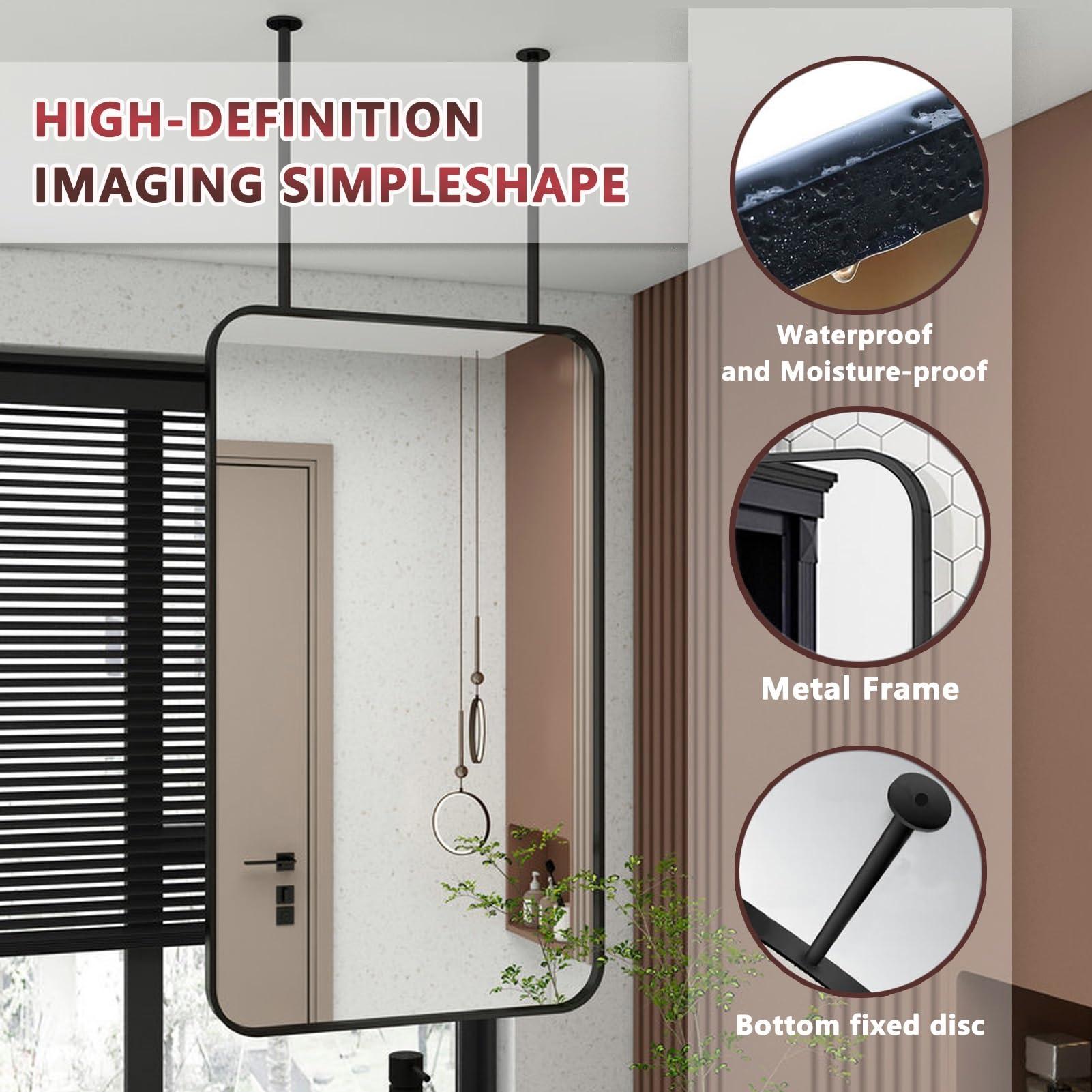 Gaommini Gaommini Square Ceiling Mounted Mirror with Black Metal Frame, Rectangular Hanging Rod Mirror, Wall Creative Decorative Mirror for Bathroom Makeup Shaving (Size : 40cmx60cm)
