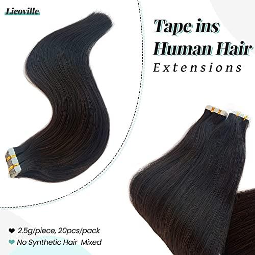 Licoville Dark Brown Tape in Extensions 14 Inch Real Human Hair 50g 20pcs Brown Tape in Hair Extensions Human Hair Double Drawn Straight Brown Hair Extensions Tape ins for Women