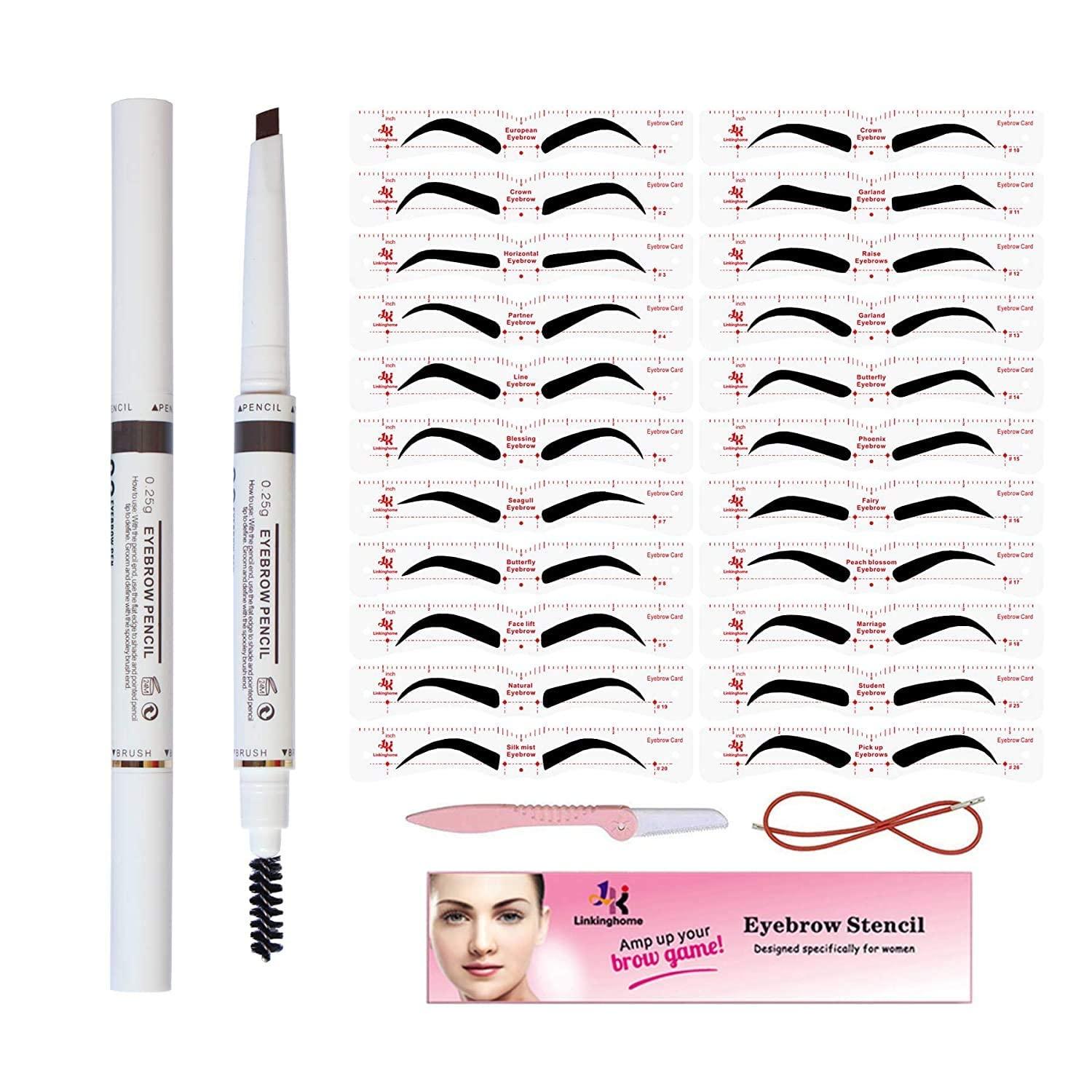 Linkinghome Eyebrow Stencils & Eyebrow Pencil, 30 Eyebrow Shaper Kit, Reusable Eyebrow Template With Strap & Eyebrow Razor, Waterproof Eyebrow Pen, 3 Minutes Makeup, Suitable for 98%