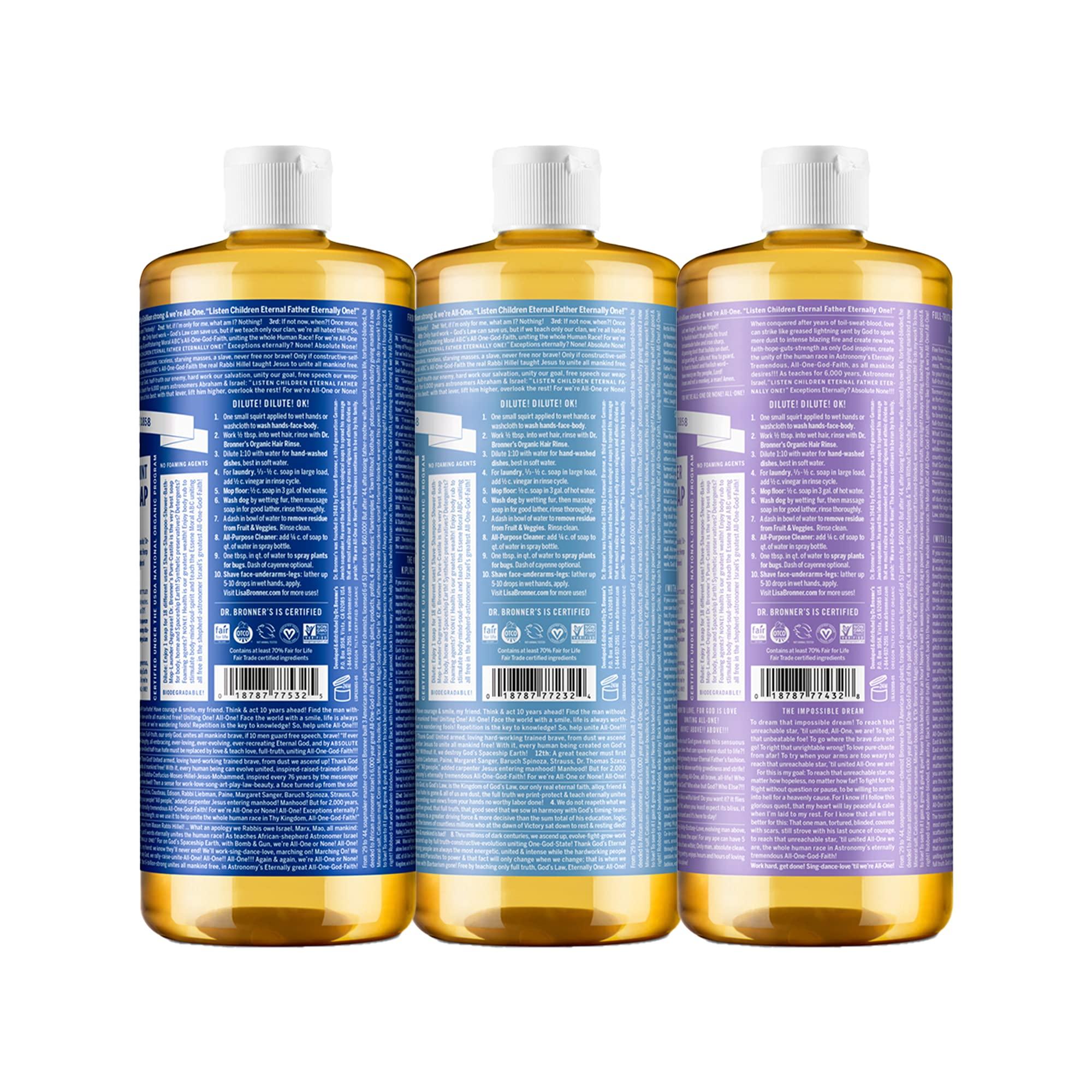 Dr. Bronner's Dr. Bronner's - Pure-Castile Liquid Soap (32 Ounce Variety 3-Pack) Peppermint, Baby Unscented, Lavender - Made with Organic Oils, 18-in-1 Uses: Face, Body, Hair, Laundry, Concentrated, Vegan