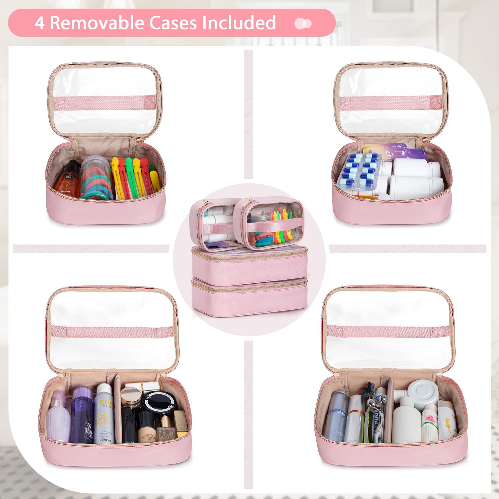 Prokva Prokva Extra Large Toiletry Bag for Women with 4 Individual Cases, Large Travel Makeup Organizer Bag with Hair Tool Pocket and Makeup Brushes Compartment, Pink