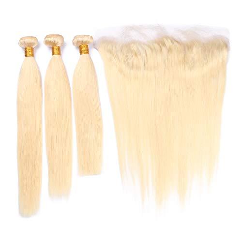 Generic Cloud Hair Blench Blonde 613 Color hair 3bundles With Lace Frontal 4Pcs Lot Blonde Ear To Ear Frontal And Human Hair Wefts Extension (14 14 14+12 inch frontal)