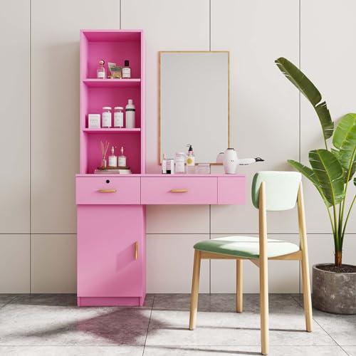 Shuoya Jewelry Salon Stations, Barber Stations Vanity Desk with Open Storage Shelf and Drawers, Hair Styling Equipement Set for Hair Stylist Bedroom Make Up Room Girls Women (Pink)