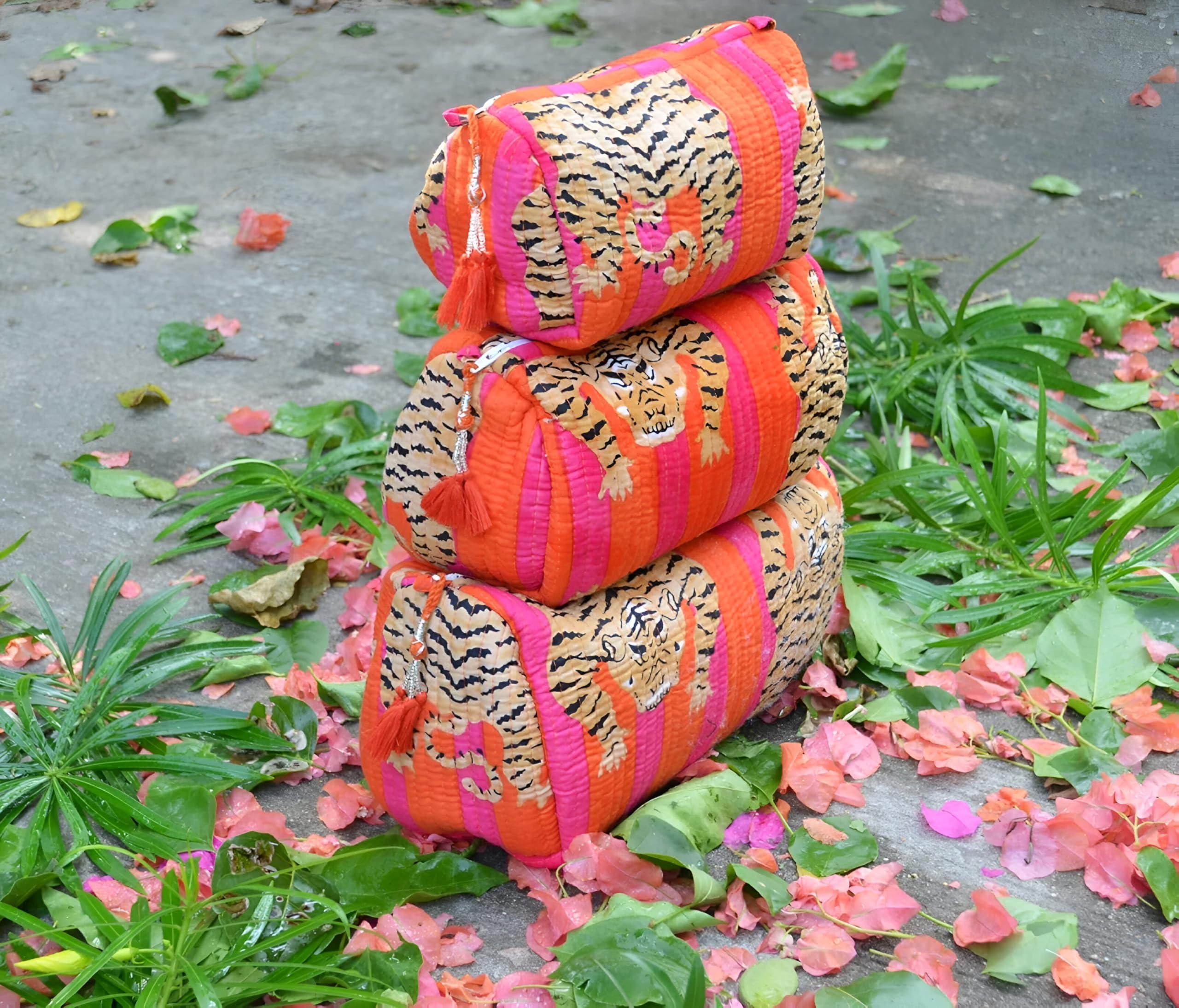 Generic Tiger Print Makeup Bag Set of 3 Pieces Indian Quilted Wash Bag Travel Organizer Kit Storage Bag for Women Makeup Bag Travel Cosmetic Bag