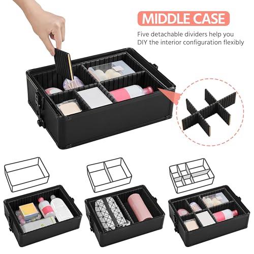 Yaheetech Yaheetech 4 in 1 Professional Makeup Train Case Aluminum Cosmetic Case Rolling Makeup Case Extra Large Trolley Makeup Travel Organizer, with 360 Swivel Wheels, Black