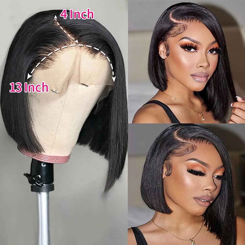 Anlimer Anlimer Asymmetrical Side Part Blunt Cut 13x4 Lace Front Wig Human Hair Bob Wigs Glueless Pre Plucked With Baby Hair Lace Closure Bob Remy Hair Wig for Black Women Silk Base Lace Frontal Wig Natural Color (10, 4x4 Silk Base Lace Wig 180 Density)