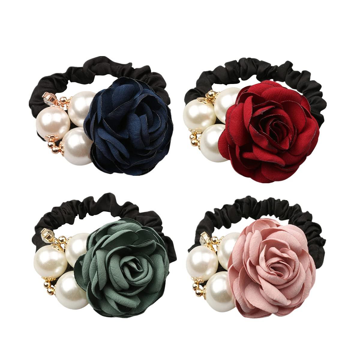 FXBLING FXBLING Fashion Flower Hair Ties Hair Rope Rhinestone Pearl Hair Tie Accessories for Women and Girls, Fashion Ponytail Holders Hair Scrunchies for Thick and Thin Hair, Pack of 4