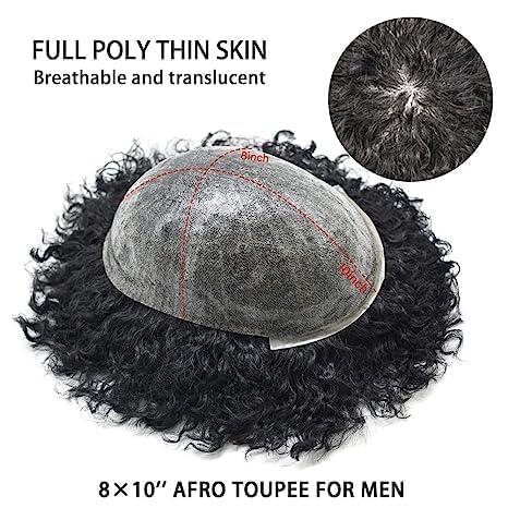 FANCY HAIR Afro Coily Curly Black Men Toupee Full Durable PU razilian Human Hair Black Men Hair Prosthesis African American6MM AFRO WAVY 8X10\"-120% density#1 Jet Black