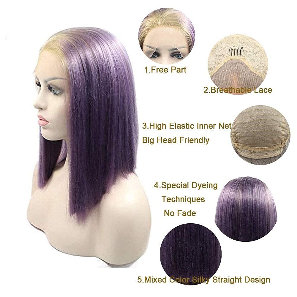 karissa Hair Purple Blonde Short Bob Wigs for Women Ombre Lilac lace front Wig Straight Glueless Blonde Ash Lavender Synthetic Hair Short Wigs Pre Plucked Natural Hairline Cosplay Drag Queen Daily Party Wig 14\"
