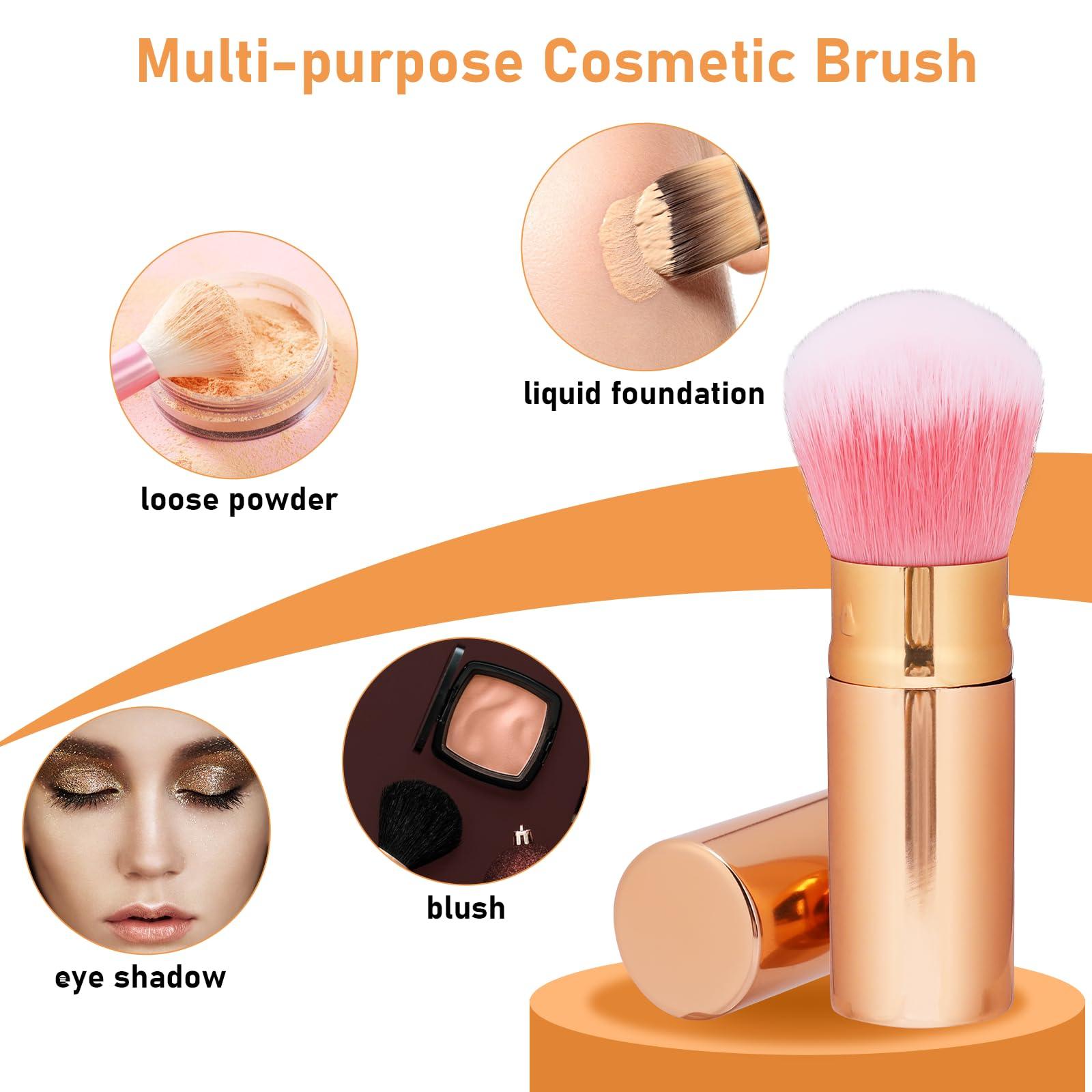 Mozeat Lens Retractable Blusher Brush with Cover, 2 Pack Travel Kabuki Bronzer Makeup Brush Liquid Cream Foundation Powder Brush Extensible Face Blender Brush Professional Concealer Brush for Women (Gold & Black)