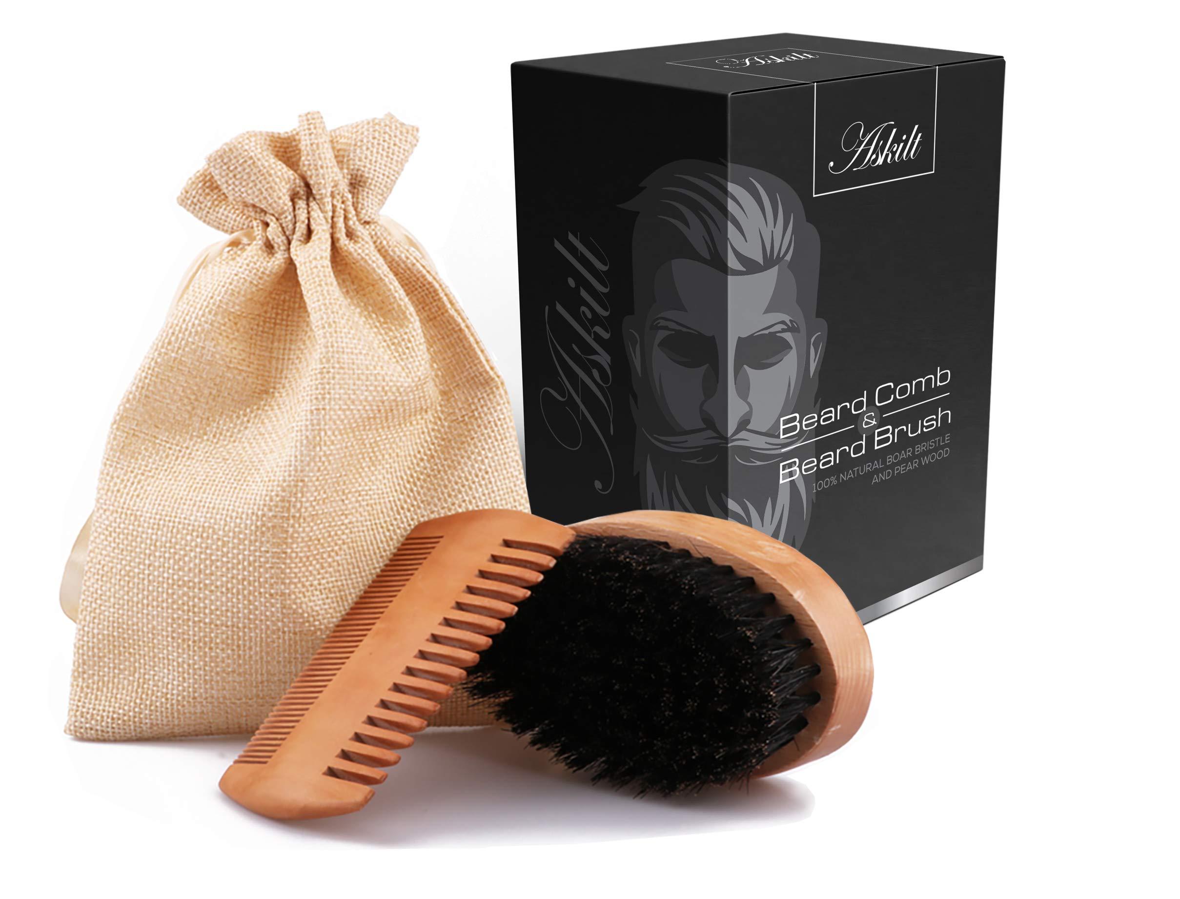 askilt Beard Comb & Beard Brush Set Natural Boar Bristle Brush and Dual Action Pear Wood Comb to Spread Balm or Oil for Growth - Softness Exfoliates Skin Helps Softening and Conditioning