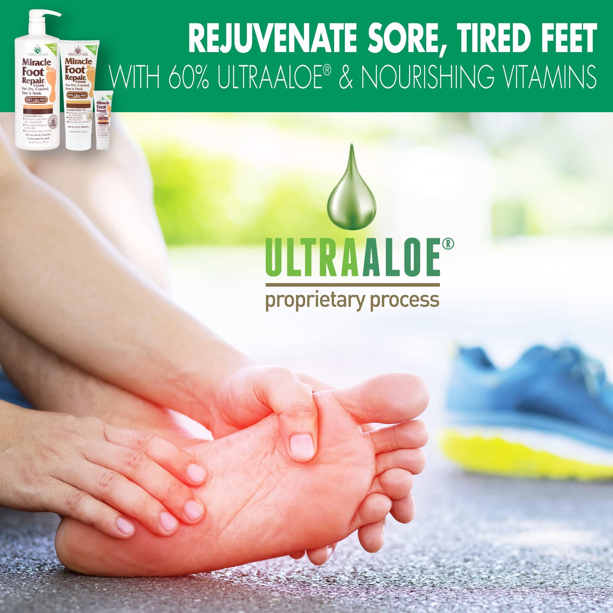 Miracle of Aloe Miracle Foot Repair Cream, 8 oz + 1 oz Miracle Hand Repair, Healing Aloe Vera Lotions for Dry, Cracked Hands and Feet, Diabetic-Safe, Moisturizes, Softens, and Repairs