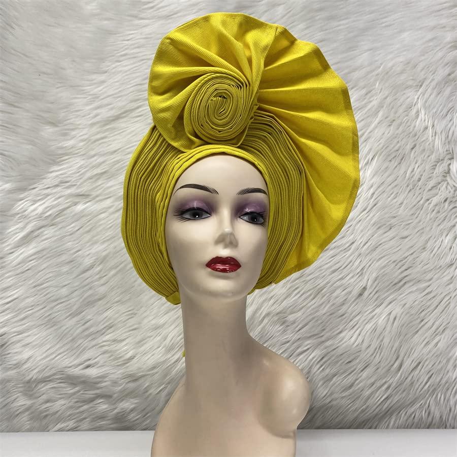 SugeGasa SugeGasa Auto Gele Headtie Already Made African Head Wraps For Women Turban Gelee Nigerian Aso Oke Bonnet Femme Headgear Fashion Headbands 1set (Yellow)