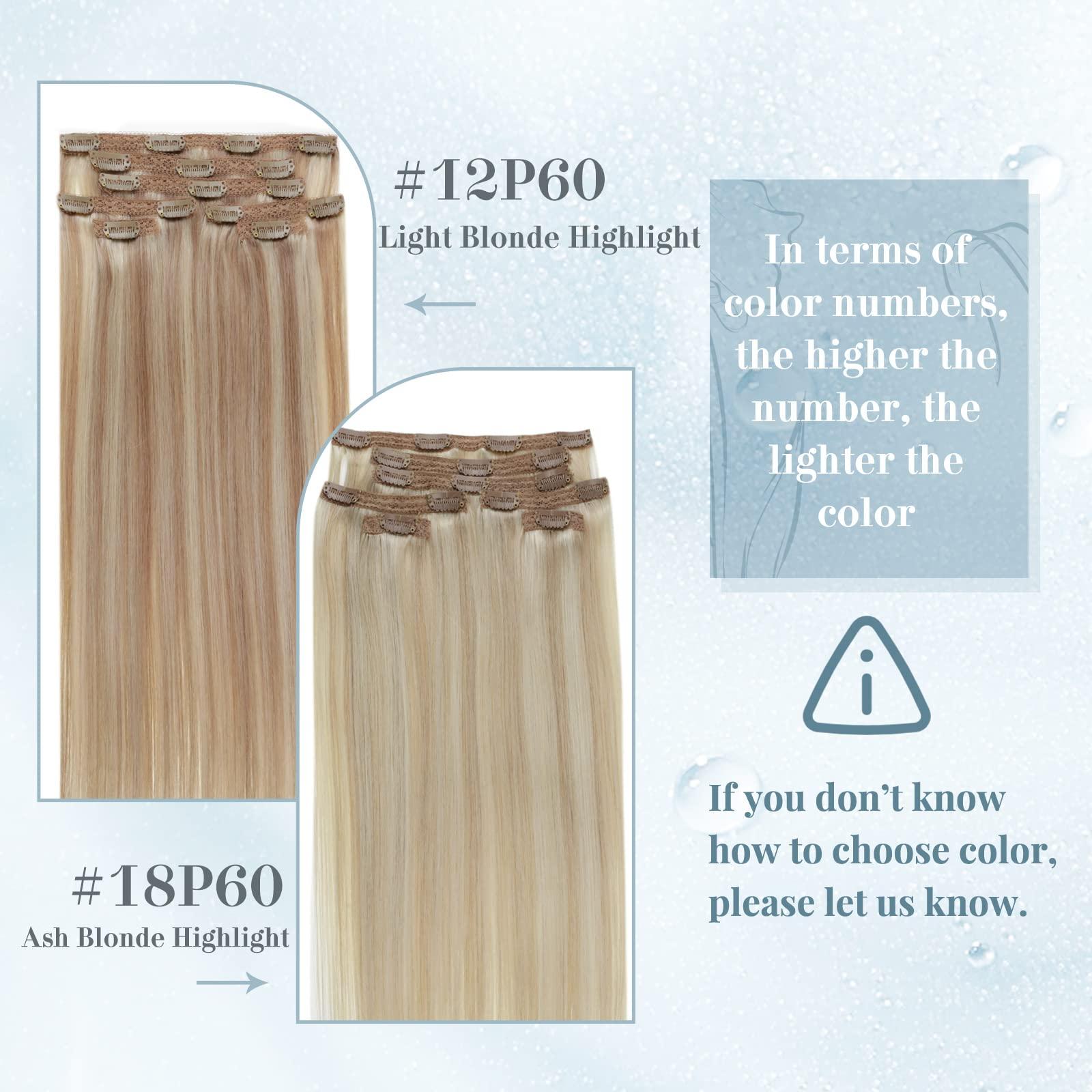 RUNATURE Blonde Hair Extensions Clip in Human Hair Highlighted Platinum Blonde Real Clip in Human Hair Extensions #18P60 and #60 14 Inch 105g