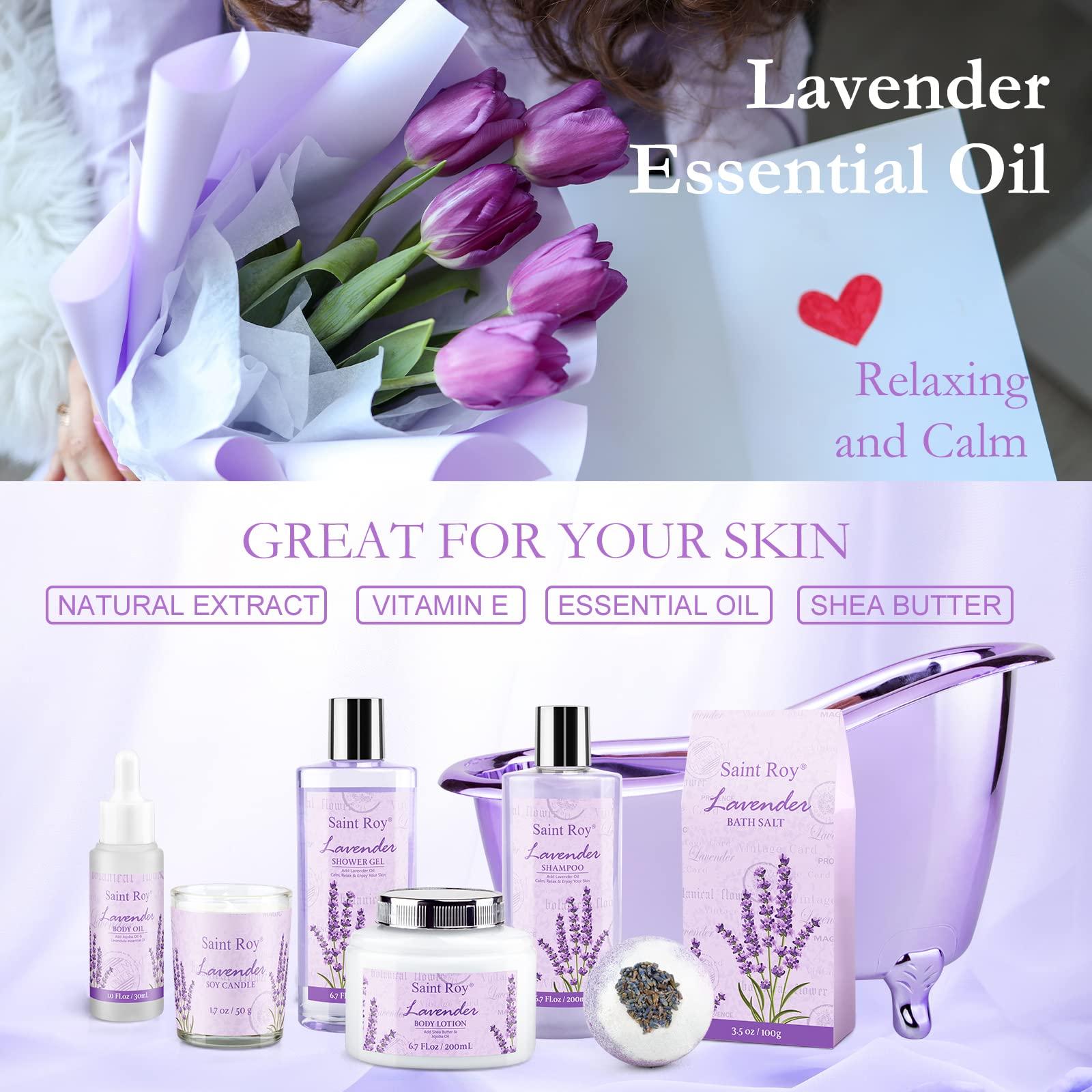 Saint Roy spa set Gifts for Her Spa Gift Baskets for Women - Saint Roy Lavender Gifts for Women, Bath Set with Shower Gel, Shampoo, Home Spa Kit Gifts for Her, Christmas, Mothers Day