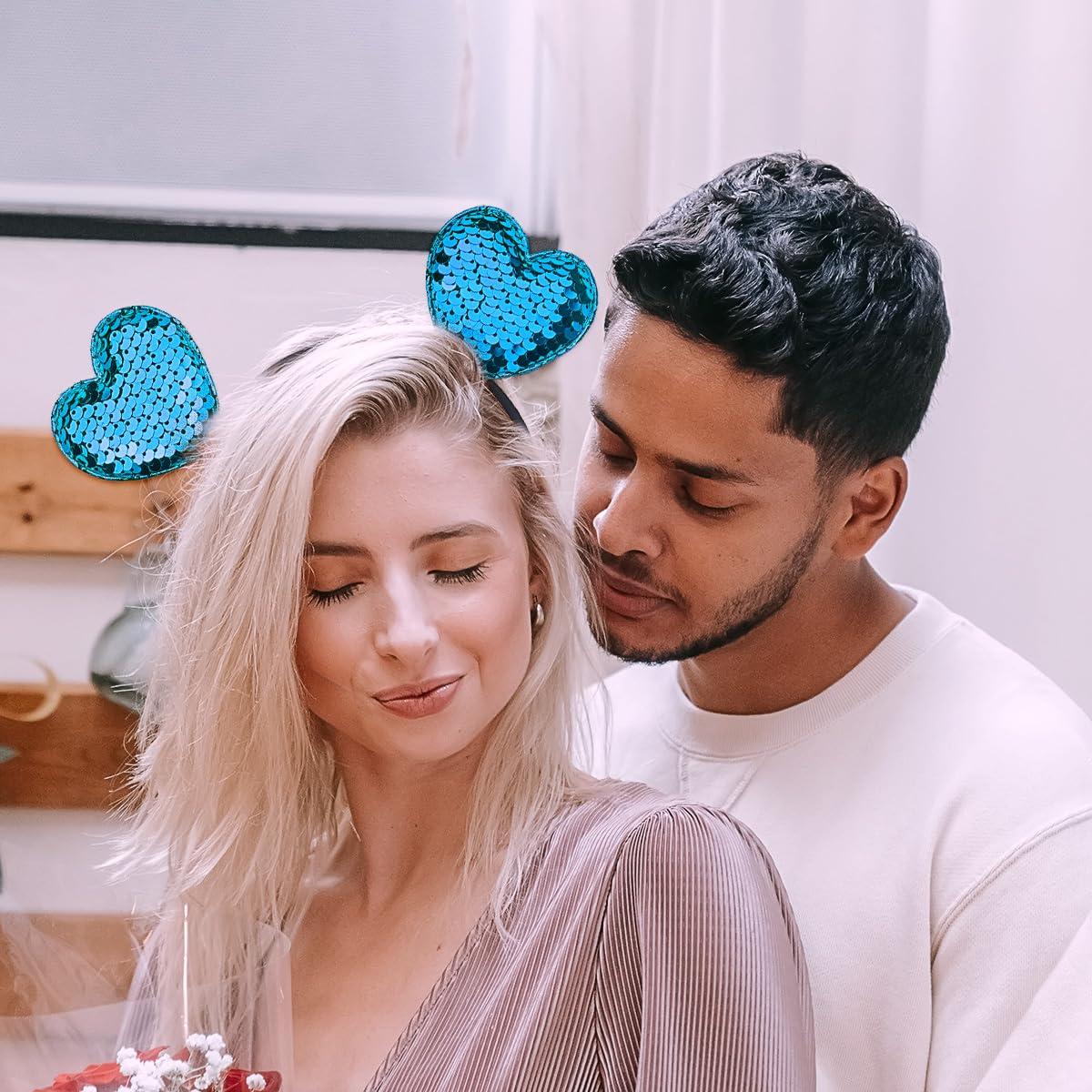 Doneace Valentines Day Headband Blue Glitter Heart Headband Sequin Heart Shape Hair Band Head Boppers Wedding Hair Hoop Party Hair Accessories for Women Girls Valentine\'s Day New Year Birthday Gift, 1Pack