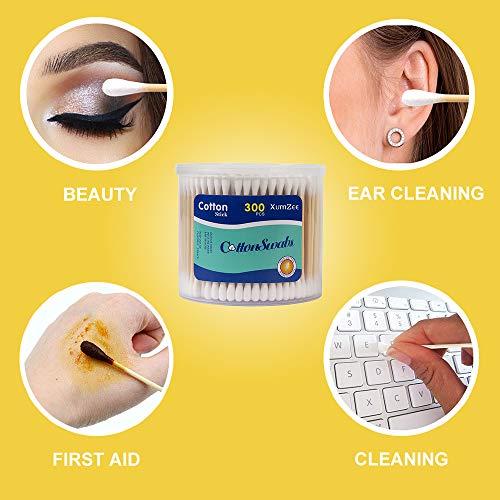 XUMZEE 300ct Cotton Swabs with Strong Bamboo Sticks by Xumzee: 100% Pure Natural Cotton,Biodegradable, Chemical Free Cotton Buds