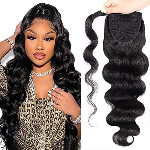 YePei Natural Black Body Wave Real Human Hair Ponytail Extension for Black Women Wrap Around Long Clip in Wavy Pony Tail Hair Piece Extensions Remy Hair (18 inch 120g, body wave ponytail)