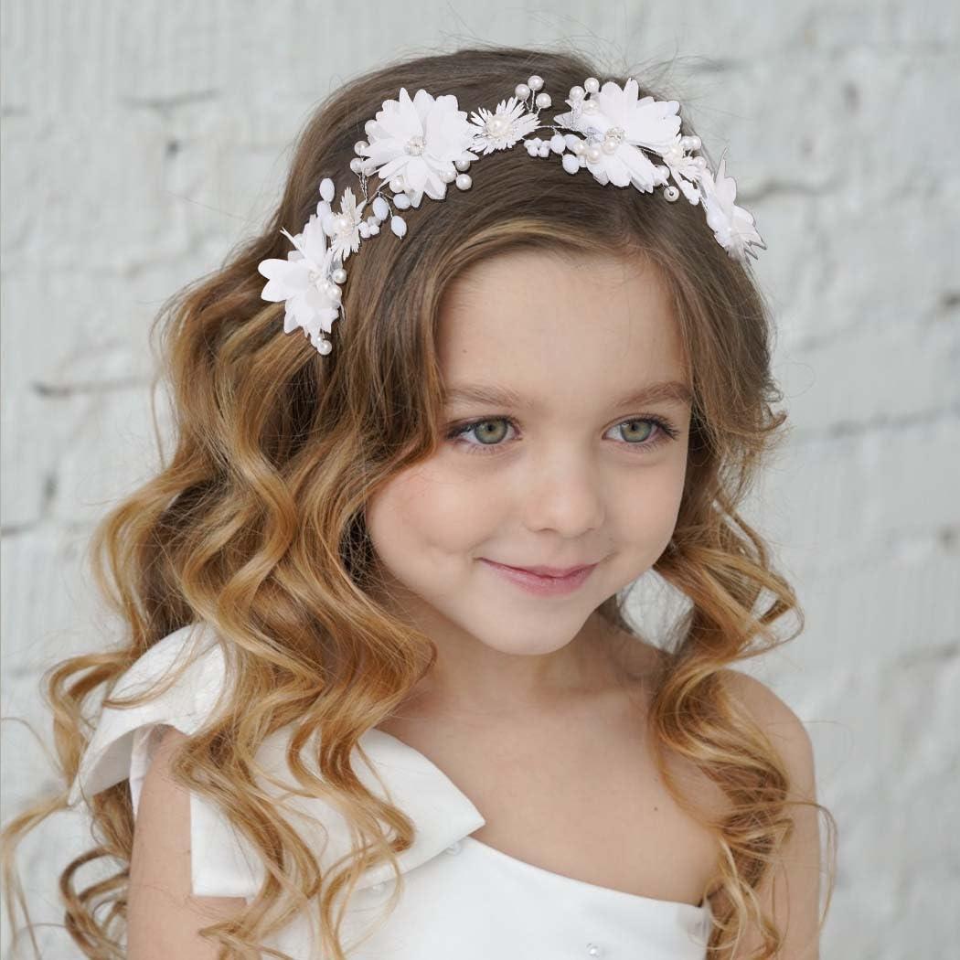 Campsis Campsis Flower Girl Headpiece White Princess Headband Pearl First Communion Hair Bands Wedding Birthday Party Hair Accessories for Women and Girls