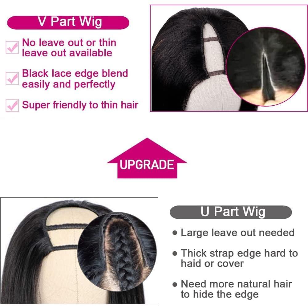 Pobokix Pobokix Straight V Part Wigs Human Hair Upgrade U Part Human Hair Wigs for Women Glueless Full Head Clip In Half Wigs 180% Density Natural Color (18inch, V Part Straight Wig)