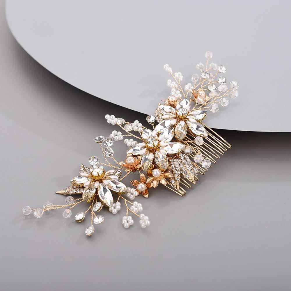 Chargances Chargances Wedding Crystal Flower Hair Comb for Women Bridal Pearl Beaded Hair Side Comb Fashion Leaf Flower Hair Vine Comb Rhinesotne Headpieces Bride Wedding Prom Flower Girl Hair Accessories