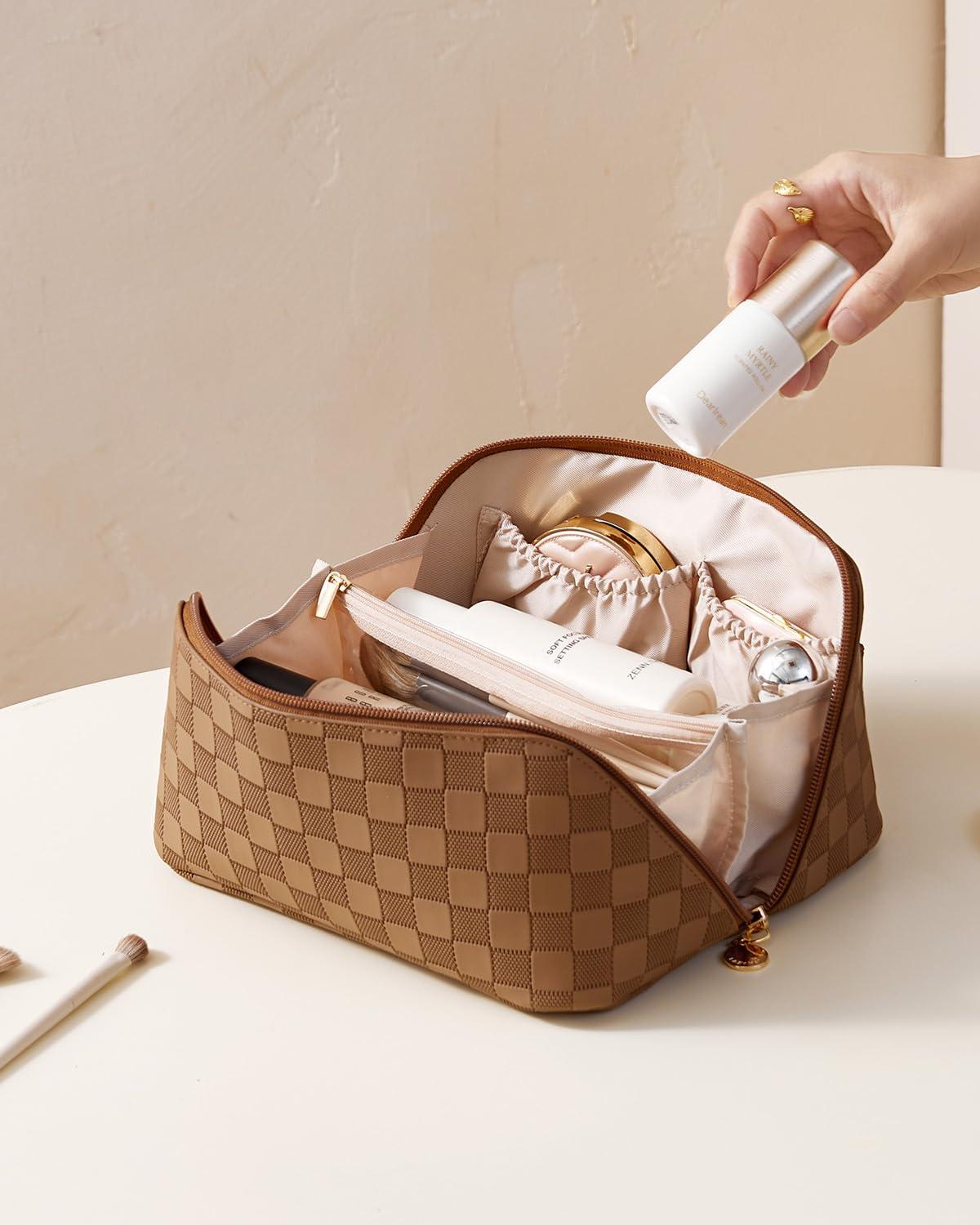 EACHY EACHY Travel Makeup Bag, Large Capacity Cosmetic Bags for Women, Waterproof Portable Open Flat Toiletry Bag Make up Bag with Divider and Handle, Gifts for Women (Plaid-Brown, Medium)