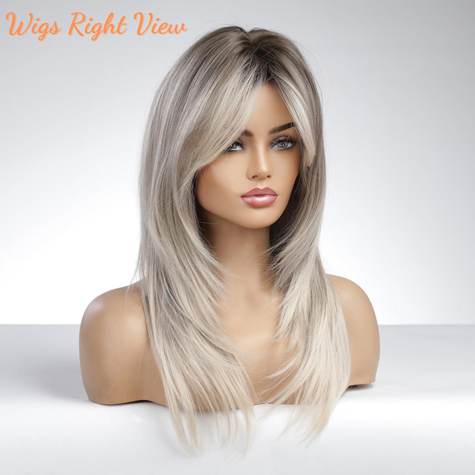 Honygebia Honygebia Brown Blonde Wig with Bangs - Long Wavy Ombre Curtain Bang Wigs for Women, Brown to Blonde Light Ash Dark Roots Synthetic Hair, Heat Resistant Natural Cute Wigs for Halloween/Christmas