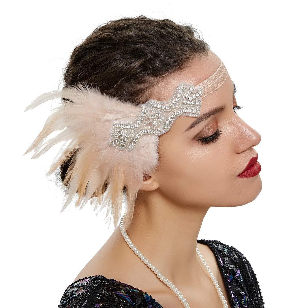 Lovfingu Art Deco 1920s Flapper Headband Feather Roaring 20s Great Gatsby Headpiece for Women Hair Accessories Silver Champagne