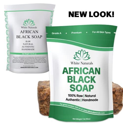 White Naturals Raw African Black Soap 1lb Bar, for Dry Skin and Skin Conditions, Pure & Natural Ingredients, Imported From Ghana