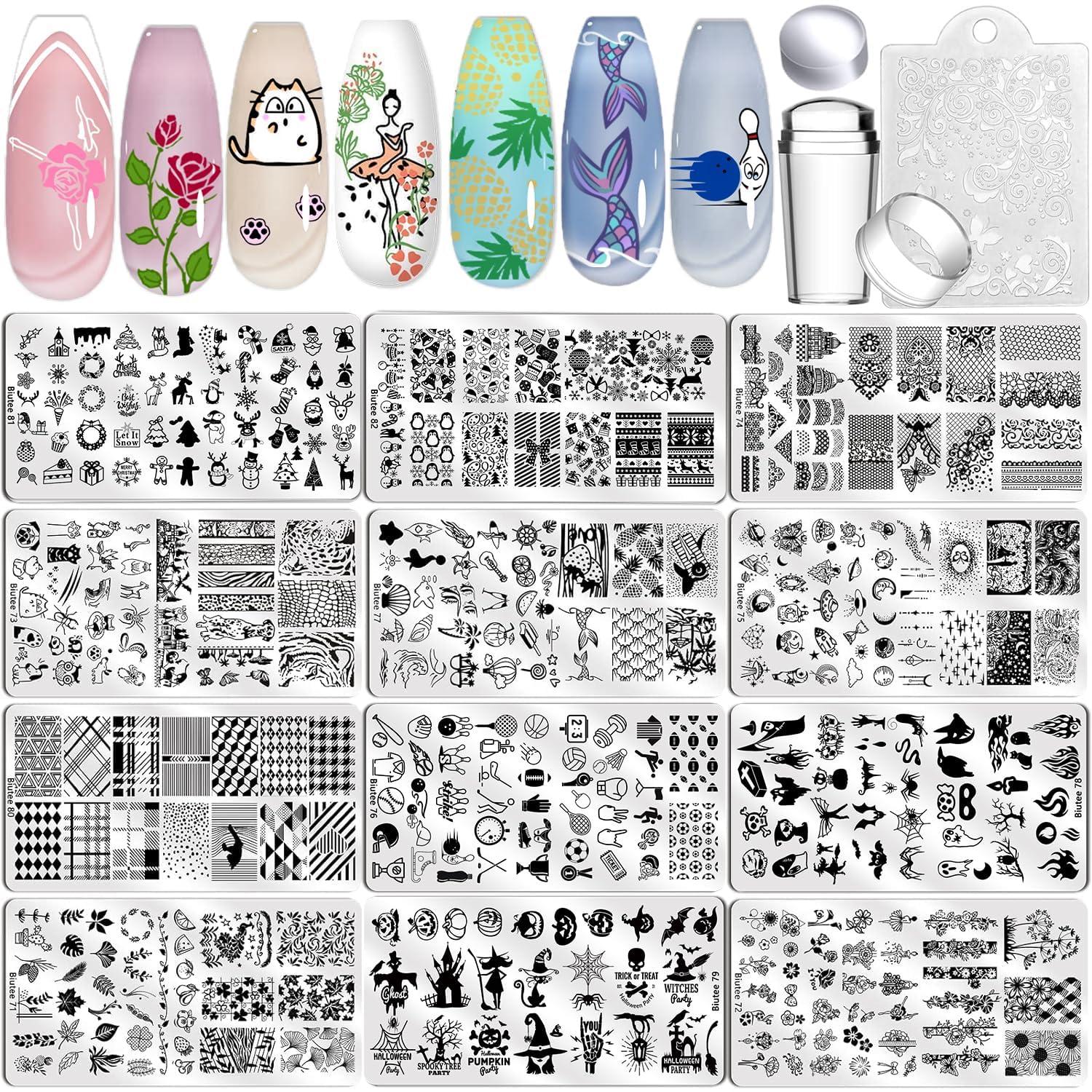 Biutee Biutee Nail Art Stamping Plate Set Nail Stamping Kit with Silicone Nail Stamper Flower Leaves Animal Lace Star Rose Holiday Design Nail Stamp Plate Valentine Nail Stamp Template