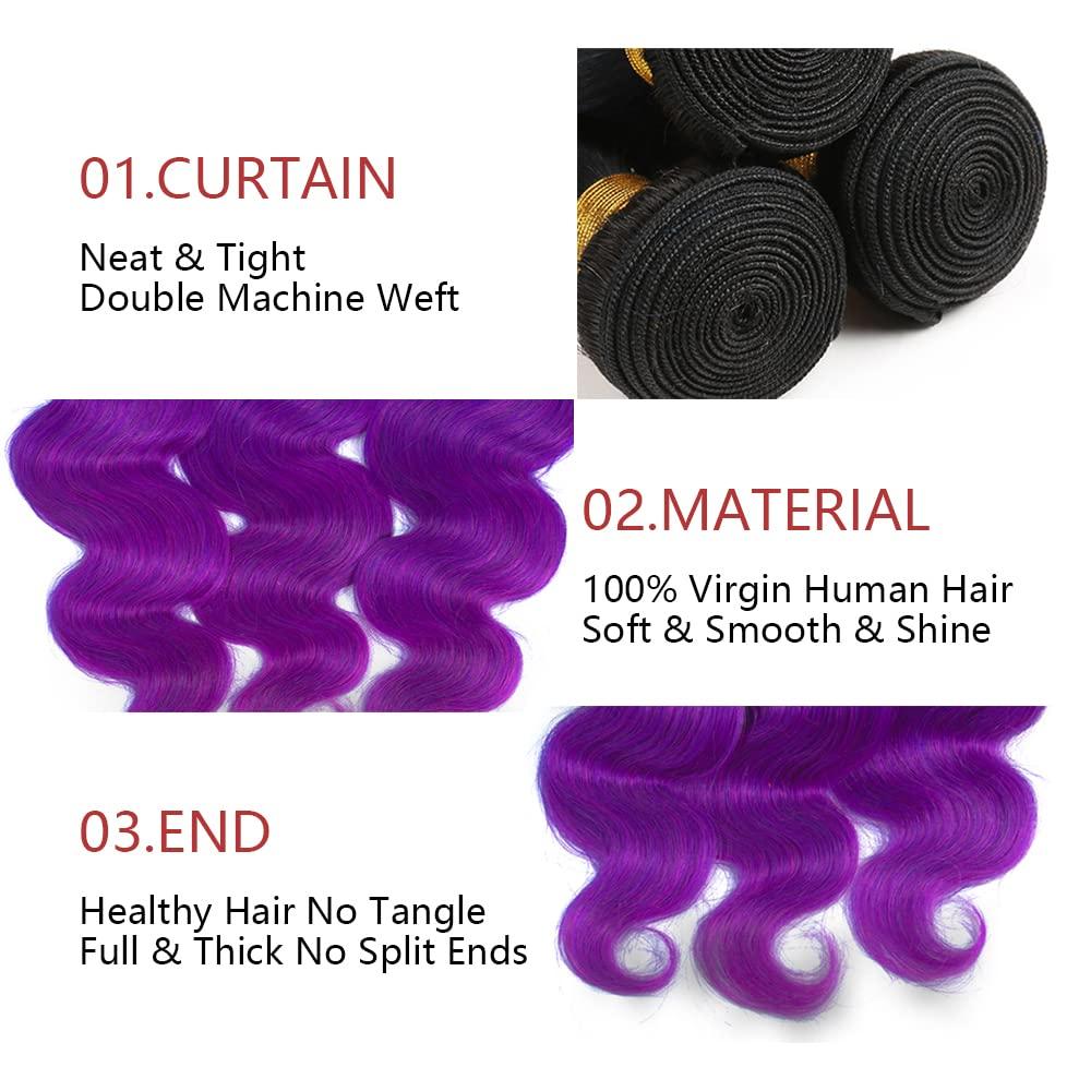 Poutpoutm Ombre Purple Bundles Body Wave Human Hair Bundles Tow Tone Black To Purple Bundles Body Wave Brazilian Unprocessed Virgin Hair Extensions For Women 26 28 30 Inch