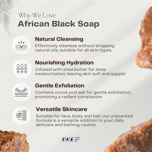 SW6 SW6-Authentic African Black Soap Bar, Raw & Organic w/Shea Butter, Gentle Cleansing (5.29oz), Shades of Brown