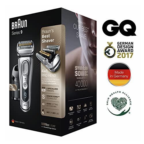 Braun Braun Electric Razor for Men, Waterproof Foil Shaver, Series 9 9390cc, Wet & Dry Shave, With Pop-Up Beard Trimmer for Grooming, Cleaning & Charging SmartCare Center and Leather Travel Case, Silver