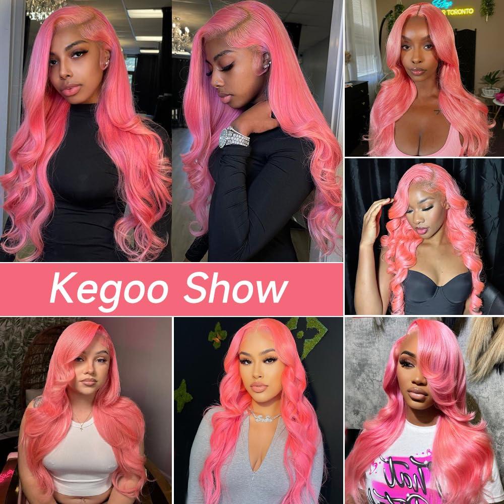 KEGOO KEGOO Pink Lace Front Wig Human Hair 13x4 Pink Human Hair Wig 180% Density Body Wave HD Lace Front Wigs Human Hair Pre Plucked Pink Lace Frontal Colored Wigs Human Hair Pink Wig Human Hair 24 Inch