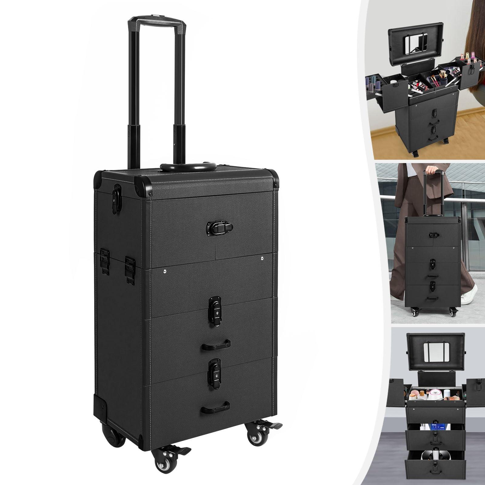 HYYKJ-US HYYKJ-US Professional Makeup Train Case Rolling Salon Travel Case with Keys Cosmetic Luggage Travel Organizer Tool Box Makeup Trolley for Makeup Artist Hairdresser Beautician (Black)